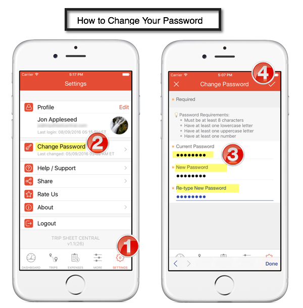How to Change Password from Trip Sheet Central App for iPhone